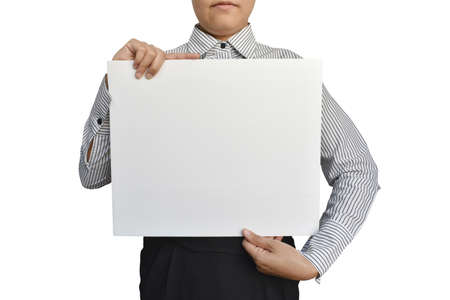 Happy businesswoman holding white blank billboard on white backgroundの写真素材
