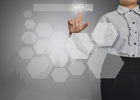 Businesswoman with blank icon of social network structure on blank backgroundの写真素材