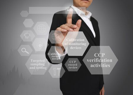 Businesswoman with presentation element of CCP verification activities for use in company, manufacturing and training.の写真素材