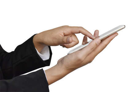 Businesswomen hand using modern smart phone on white background with clipping path. this picture for...