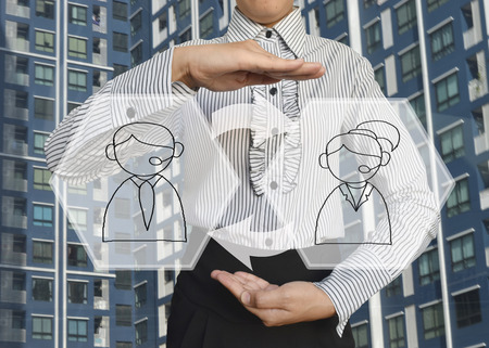 Businesswoman with drawing call center operator line icons. Man and woman with a headset. Customer support. Client services and communication, phone assistance, Web icons, business concept.の写真素材