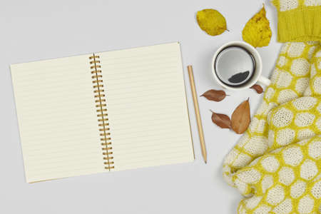 Autumn concept. Sweater coat with cup of coffee and notebook, autumn leaves on white background and...