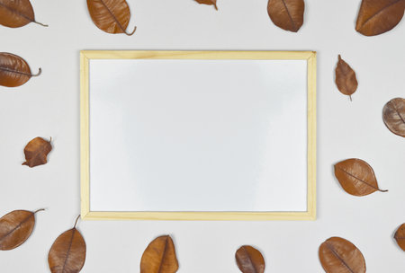 Empty whiteboard in wooden  frame with dried leaf on the side. top view. copy space.の写真素材