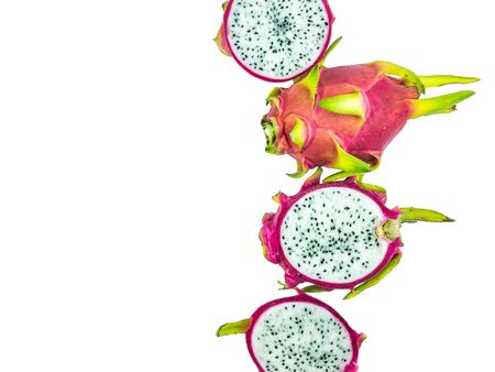 Dragon fruit on orange, purple, green, placed on a white background and clipping pathの写真素材