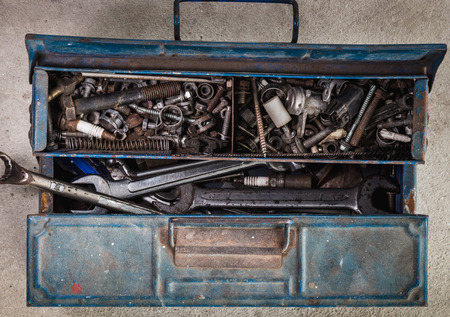 toolbox on flat lay view with many tools for industry ideaの写真素材