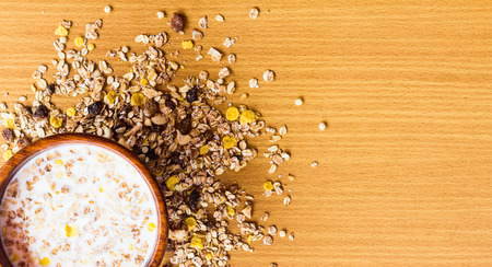 flat lay breakfast muesli and milk with space for customer use