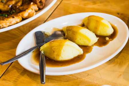 mash potato on mini dish ready to eatの写真素材