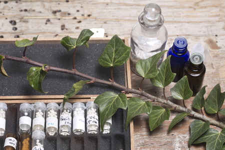 bottles with homeopathy globules and homeopathy liquid and ivyのeditorial素材