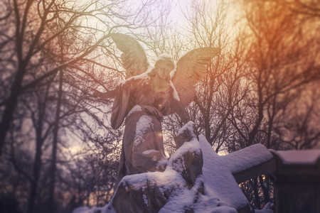 Angel statue illuminated by the sunlight. Cemetery during the winterの写真素材