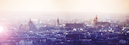 Panoramic view of Old City in Cracow at the sunset. The view from the top of Krakus Mound. Visible among others: town hall, St. Mary's Basilica, St. Joseph's Church & Wawelの写真素材