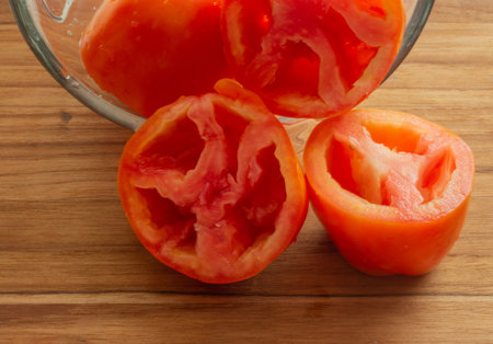 red sliced tomatoes in the blender cup under the wood tableの写真素材