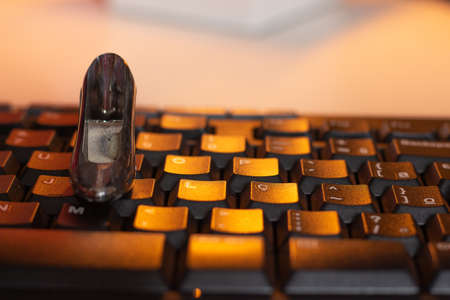 Closeup of a small high shoe on a keyboard with a warm light