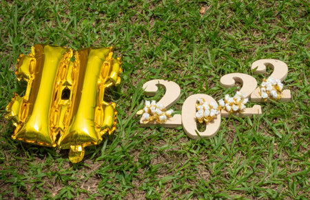 a light wooden sign with white and gold flowers written 2022 with hashtag on the front over a green grass.の写真素材