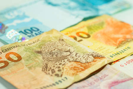 top view of Brazilian real banknotesの写真素材