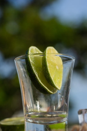 glass on the table with lemon in a sunny dayの写真素材