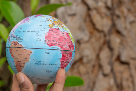 hand holding a terrestrial globe with wooden texture background showing South America and an Africaの写真素材
