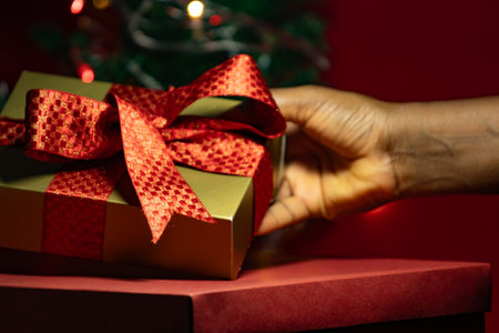 hand holding on gift box with a Christmas tree in backgroundの写真素材