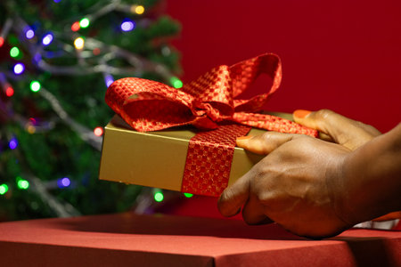 hand holding on gift box with a Christmas tree in backgroundの写真素材