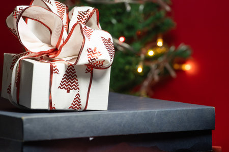 gift box with a Christmas tree in backgroundの写真素材