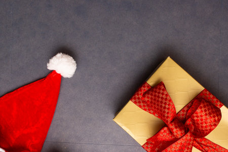 santa claus hat with christmas gift boxの写真素材