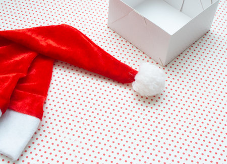 santa claus hat with christmas gift boxの写真素材