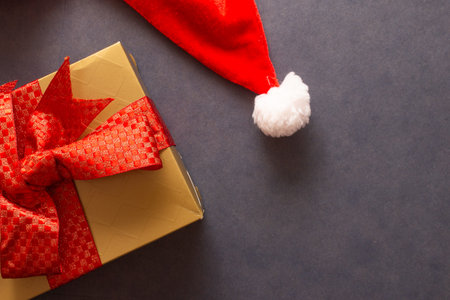 santa claus hat with christmas gift boxの写真素材