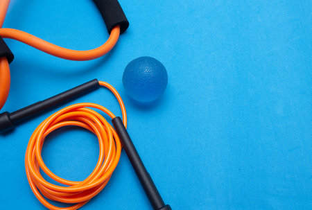 Various gym and pilates equipment on the blue backgroundの写真素材