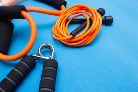 Various gym and pilates equipment on the blue backgroundの写真素材