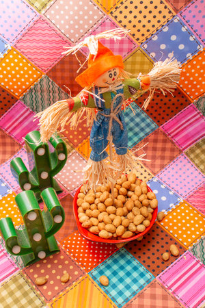 Little scarecrow with chickpeas on a colorful patchwork backgroundの写真素材