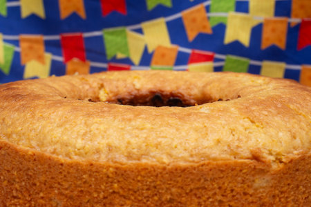 Close up of a freshly baked bundt cake on a colorful backgroundの写真素材