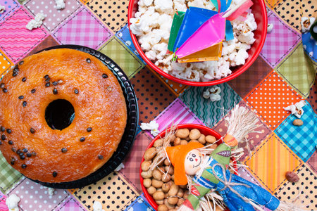 Cake with chocolate and popcorn on the table, top viewの写真素材