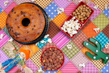 Chocolate donut with nuts and candies on a colorful backgroundの写真素材