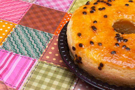 Cake with chocolate chips on a colorful napkin. Selective focus.の写真素材
