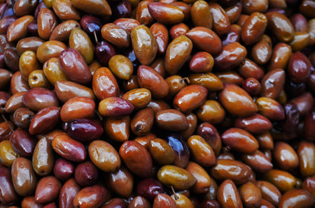 Background with olives for sale at Central market in Athens, Greeceの写真素材