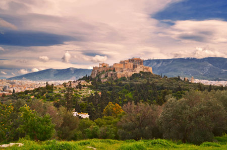Greece - Panoramic view of the Acropolis of Athens. The most important archeological site of the city.の写真素材