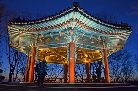 Seoul, South Korea 12-12-2012: Night view at N Seoul tower in Namsan Mountain public park in central Seoul, South Koreaのeditorial素材