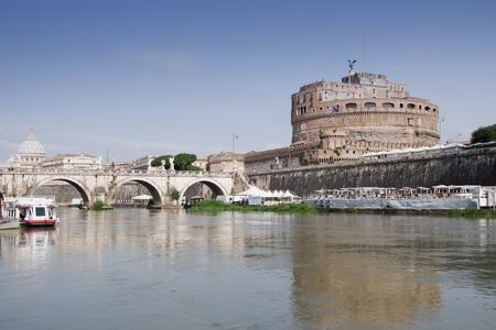 Castle Saint Angelo at river Tiber and Saint Peter s Basilica の写真素材