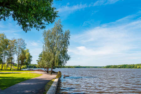 Beautiful quay by the PaprocaÅski lake in Tychy. Birch in the foreground. Sunny summer day. Wooden platformsの写真素材