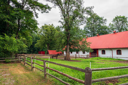 Horse stud and breeding farm in Florianka. Red metal sheet on the roof coveringの写真素材