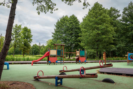 Playground in the spa park in Busko-ZdrÃ³j. Colorful playground equipment on a safe polyurethane surfaceの写真素材
