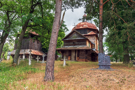 Orthodox church of the Protection of the Mother of God in Wola Wielka from 1775, made of pine wood. The carcass structure of the church. Wooden sacred architectureの写真素材