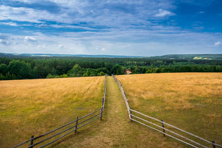 Path leading to the hill with the lookout tower. Wooden fence. Beautiful panorama of Roztocze Zwierzyniec, BiaÅa GÃ³ra, Polandの写真素材
