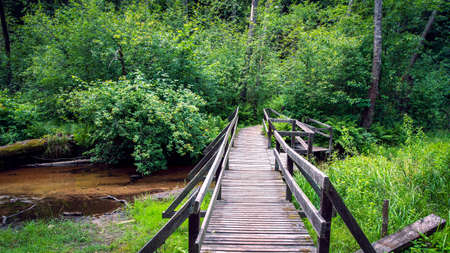 A small bridge over the river with a sandy bottom near the chapel by the water. GÃ³recko KoÅcielne, Polandの写真素材