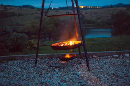 Preparation for grilling. Bonfire in the hearth. Evening