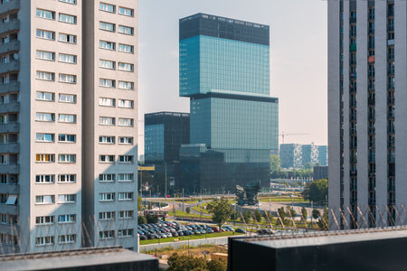 Silhouette of buildings against the blue sky in the morning. City panorama. Residential and office buildings. Katowice, Polandの写真素材