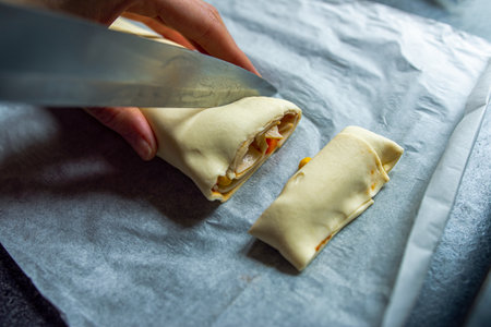Female hands cut the rolled puff pastry into equal pieces. In the middle, there is a pepper, ham, garlic sauce, and corn. Preparing snacks for a partyの写真素材