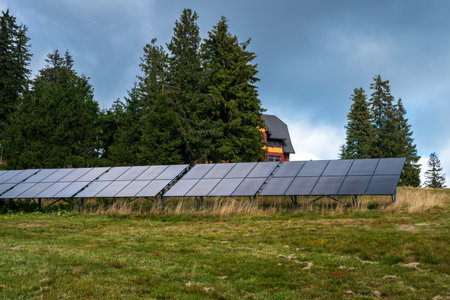 Photovoltaic panels powering the mountain shelter. Rysianka, Polandの写真素材