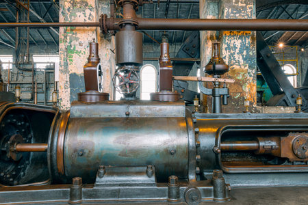 Fragment of steam engine from 1903. Important part of technological line in historical factory. Huge piston and centrifugal regulator. Fragment of a flywheel in the background.の写真素材