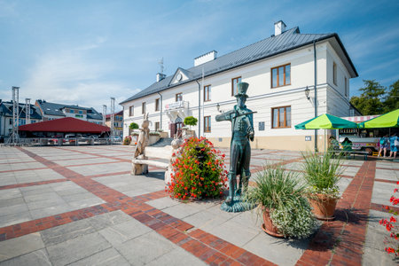 Szczebrzeszyn, Poland - August 16, 2023: Market square in Szczebrzeszyn. A beetle statue and the town hall in the background.のeditorial素材