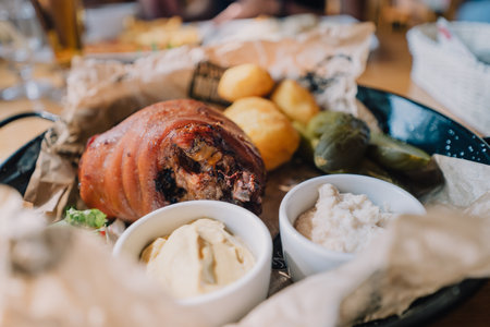 Baked pork shank served with baked potatoes, horseradish, mustard and pickled cucumbers. Traditional Polish dishの写真素材